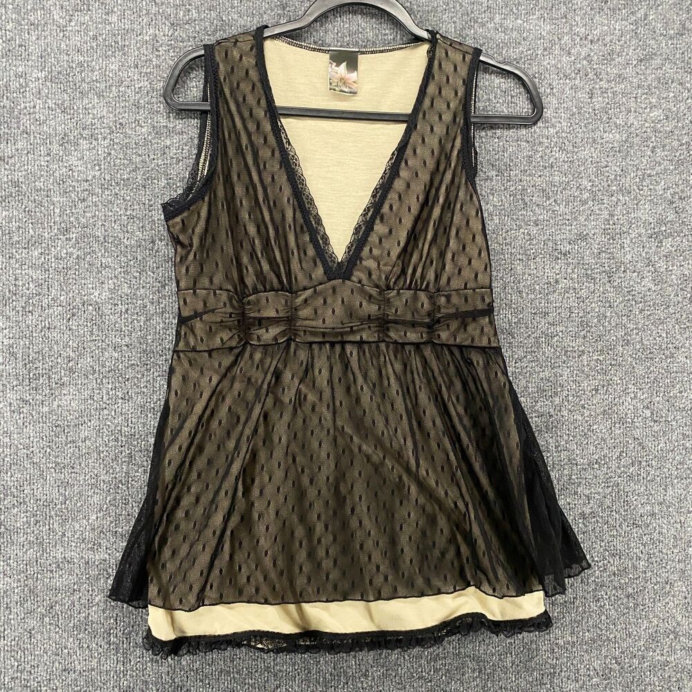 Lily White Blouse Top Womens L Black Mesh V-Neck Y2K Whimsigoth Fairy Grunge 90s